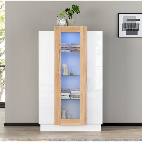 Mobile vetrina 74 x 40 x 120 cm con LED, 3 ante, bianco e legno naturale DESVIAE (1/5)
