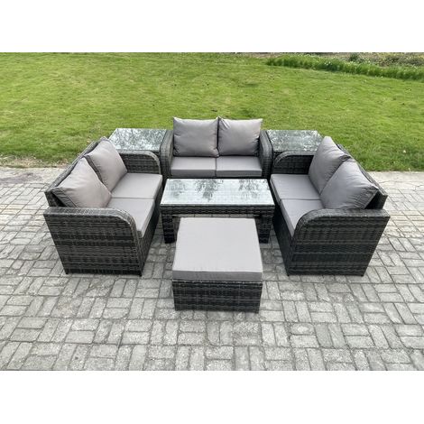 Fimous 7-Sitzer Polyrattan Gartenmöbel Set Patio Sofa Set mit Couchtisch Loveseat Sofa 2 Beistelltischen 2 Großer Hockern Dunkelgrau Gemischt
