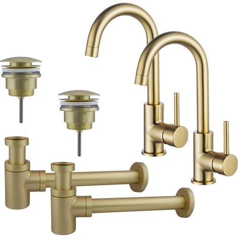FugaFlow Eccelente Sobrado Kit robinet lavabo - pour double vasque - robinet haut - bec rotatif - bonde clic clac - siphon design bas - Laiton brossé (1/4)