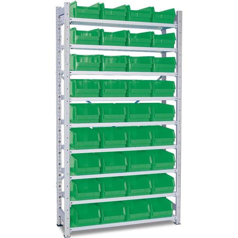 BRB Kleinteileregal mit 9 Böden HxBxT 2x1070x315 mm, bestückt mit 36 Sichtkästen LB3, LxBxH 350x200x150 mm (Grün) (1/2)