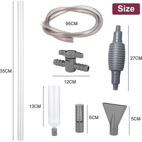 Aspirateur de Gravier pour Aquarium - Nettoyeur de Fond, Changeur d'Eau Manuel avec Pompe à Siphon et Tuyau Rallongé, Outil de Nettoyage 3-en-1 pour Substrat et Déchets de Poissons