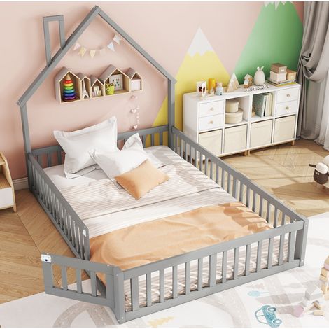 Kinderbett 140x190 mit Schutzbarrieren, Lattenrost, Hausform mit Schornstein, grau HAVRYA (1/5)