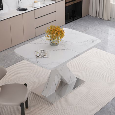 Table à manger extensible 120-160x80x76,5 cm blanche, plateau effet marbre, MDF et acier MEUBLIV (1/5)