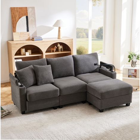 Canapé d’angle réversible 213.5x139x87 cm gris foncé en velours côtelé avec USB, rangement et repose-pieds (1/5)
