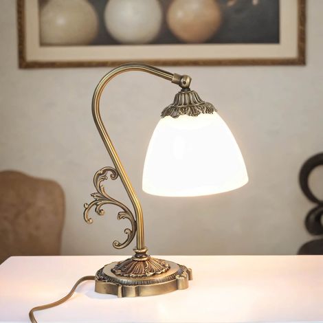 Tischleuchte E14 30 cm Weiß Bronze Glas Echt-Messing Jugendstil Tischlampe