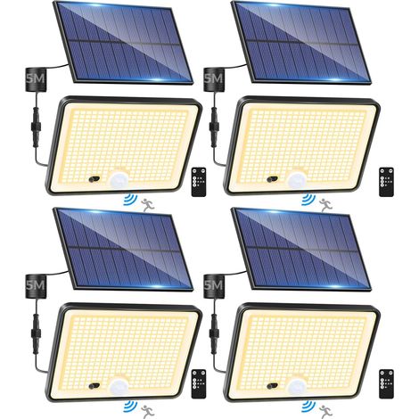 Lot de 4 lampes solaires d'extérieur à détecteur de mouvement avec télécommande, 342 LED, étanches IP65, 3 modes d'éclairage solaire blanc chaud, idéales pour le jardin, le garage et la cour. (1/5)