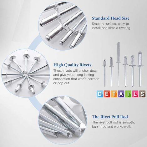 Bluedeer – Lot de 180 rivets aveugles à tête bombée en aluminium – Résistants à l'acide et à la corrosion – 6 tailles pour applications variées (1/4)