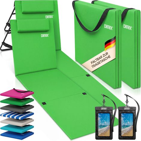 DETEX® 2x Strandmatte mit Rückenlehne Gepolstert Grün Sonnenliege klappbar UV-beständig Tasche Reißverschluss Kissen Tragegurt Garten Camping Picknick Liegematte 160x55cm (1/5)