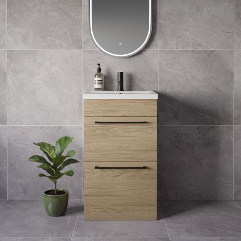 Napoli 390 Light Oak 500mm 2 Drawer Vanity Unit with Glide Basin - 500mm - Matt Black 320mm Handle