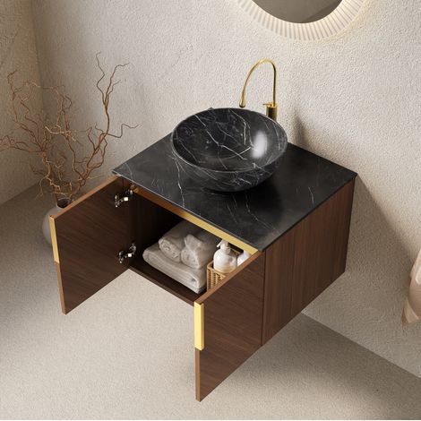 Mobile bagno sospeso 61 cm con lavabo ceramica nero e piano in pietra sinterizzata (1/5)