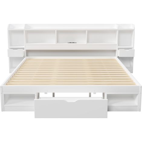 Plattformbett 180 x 200 cm mit Stauraum, 3 Schubladen, LED und USB, weiß HOMVRA (1/5)