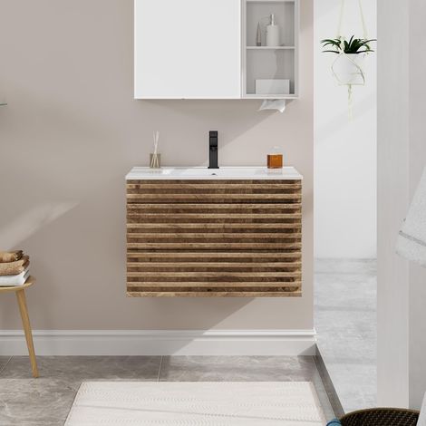 UEV Mobile Bagno, con Lavabo in Ceramica, Lavabo Sospeso 75 cm, 2 Cassetti con Sistema di Chiusura Ammortizzata, Ampio Spazio Contenitivo, 75 x 45 x 46 cm, Naturale (1/5)