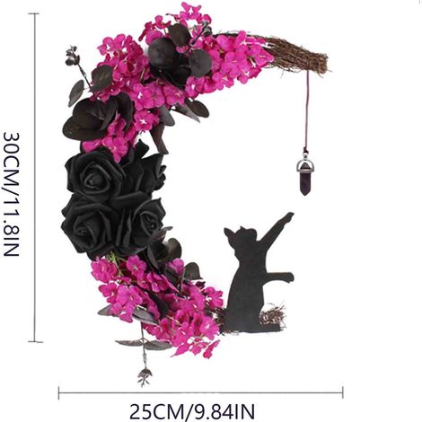 Couronne D Halloween - Couronne Porte Frontale Forme Croissant Avec Roses Noires Simulées Et Chat Sorcière - Décoration Intérieure Et Extérieure - 1 Pièce (1/3)