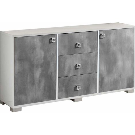 Buffet moderne 2 portes 3 tiroirs gris béton et blanc brillant Sting 160cm (1/4)