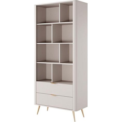 Libreria Moderna 8 Nicchie A Giorno E 2 Cassetti Design Asimmetrico Libreria Mobile Salvaspazio Ideale Per Soggiorno Salotto Studio E Ufficio 88.2 x 193.8 x 38 Cm Cashmere
