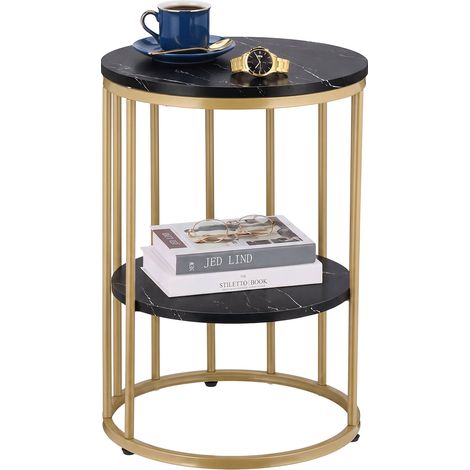 Relaxdays Marble-Look Side Table, 2 Shelves, for Living Room, Metal & MDF, Round Coffee Table, HxD 57x40 cm, Black/Gold (1/5)