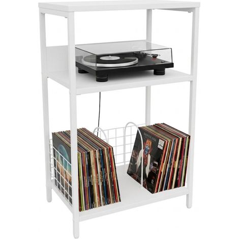 Relaxdays Tavolo per giradischi, 3 ripiani, divisori, AxLxP: 65x40x30 cm, ferro/MDF, scaffale vinili, bianco