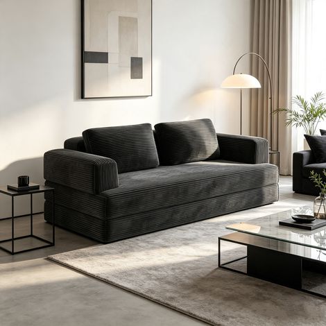 Schlafsofa 2-Sitzer Wumagin, Gästebett für Gästezimmer & Wohnzimmer, Cordvelours Schwarz, B 160 x H 62 x T 90 cm
