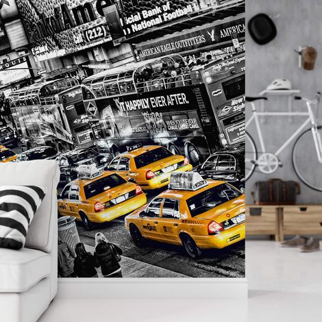 Papier peint panoramique New York noir et jaune | Tapisserie panoramique chambre ado et salon taxi | papier peint panoramique design aspect urbain - 366 x 254 cm (8 pièces) (1/2)
