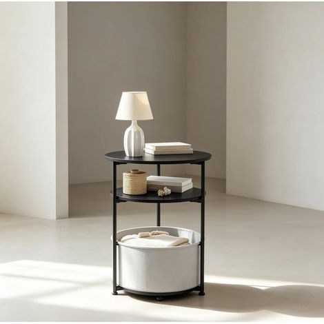 Mesa auxiliar redonda 43x43x56 cm de metal negro con almacenaje integrado - MEUBLIV (1/5)