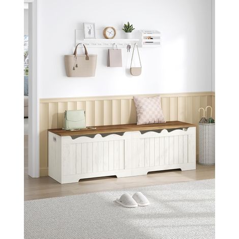 Coffre de Rangement, Banc de Rangement, avec 2 Charnières de Sécurité, Imitation Grange, 40 x 150 x 48 cm, idéal pour Entrée, Couloir, Chambre, Brun-Blanc (1/5)