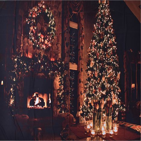 Tapisserie murale de Noël avec sapin et cheminée, idéale pour la décoration de la maison au Nouvel An, 150 x 150 cm / 59,1 x 59,1 pouces (1/5)