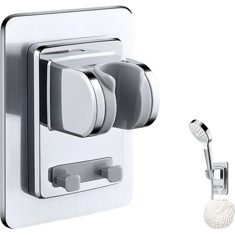 [NIE BENUTZT]Duschkopfhalter ohne Bohren, verstellbare Klebehalterung (8 x 12 cm) für Wandbrause – Metallic Silber, hohe Kapazität für Familienbadezimmer