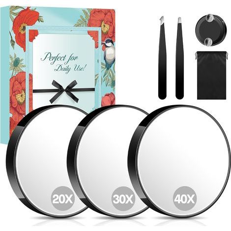 Vergrößerungsspiegel (20x, 30x, 40x), Saugnapf (9 cm), 2 Pinzetten, Aufbewahrungstasche, Reise-Badezimmer-Set (1/5)