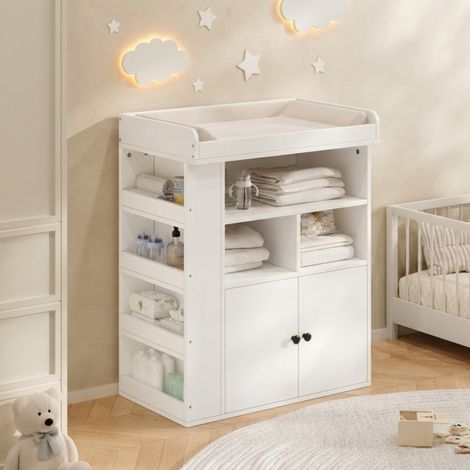 Modernluxe - Commode à langer évolutive 82x50x100cm - Meuble de rangement 2-en-1 avec barrière amovible & poignées noires - Blanc