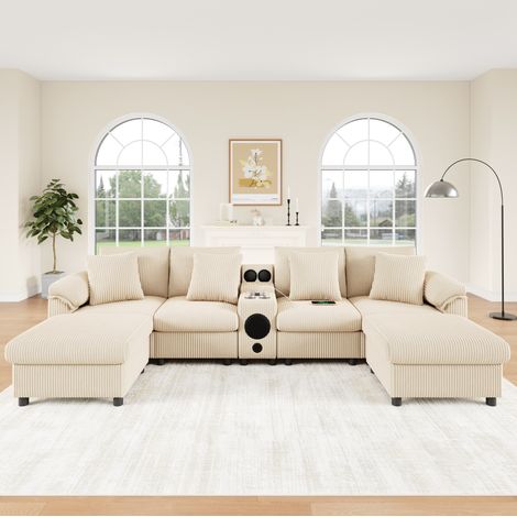 Sofa modulare 315.5x144x84.5 cm, con sistema Bluetooth, consolle multifunzione, corduroy beige (1/5)