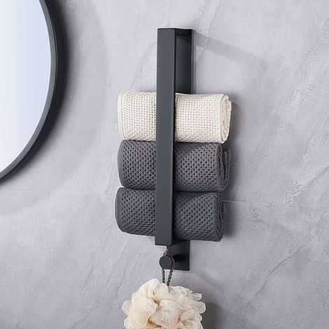 Porte-Serviettes Auto-Adhésif sans Perçage en Acier Inoxydable pour Salle De Bains - avec Crochet - Noir 40 cm