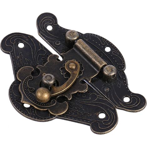 Serrure de coffret bois ancienne XXS - Loquet décoratif rétro avec gâche et plaque, cadenas pour boîte à bijoux, fermoir vintage patiné (1/5)