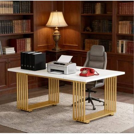Weißer und goldener Schreibtisch 180 x 79 x 78 cm aus Holz und Metall OKMYHOME (1/5)