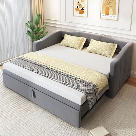 Sofá cama tapizado de terciopelo gris 90x200 cm extensible a 180x200 cm con somier de láminas (1/5)