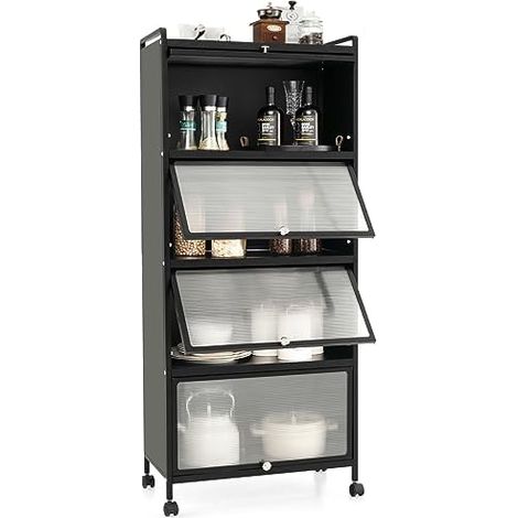 Étagère de Cuisine Haute avec roulettes, 5 Niveaux, Support pour Micro-Ondes avec Portes rabattables et Protection Anti-basculement, étagère Haute, pour Cuisine, Salle à Manger, Salon (1/5)