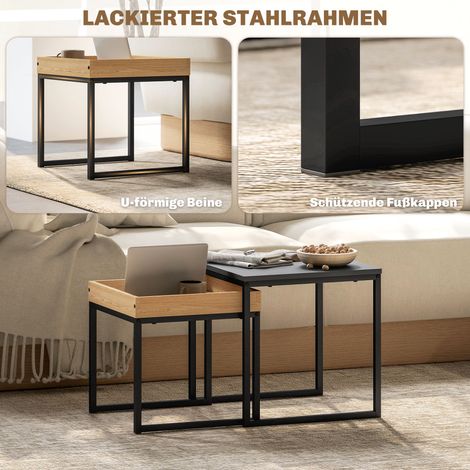 Table basse moderne, lot de 2 tables de salon, pour petits espaces, carré, MDF, métal, noir (1/5)