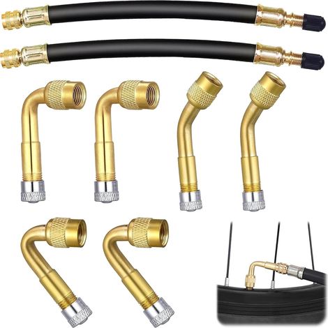 Set di 8 prolunghe universali per valvole pneumatici, con angoli di 45°, 90° e 135°, 2 tubi flessibili in ottone e gomma da 180 mm, adattatore per valvole per auto, moto, biciclette, camion, camper e (1/5)