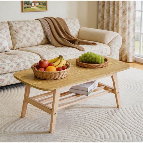 Tavolino da caffè in legno con 2 ripiani portaoggetti, struttura robusta, ideale per soggiorno, ufficio, camera da letto, colore legno (1/5)