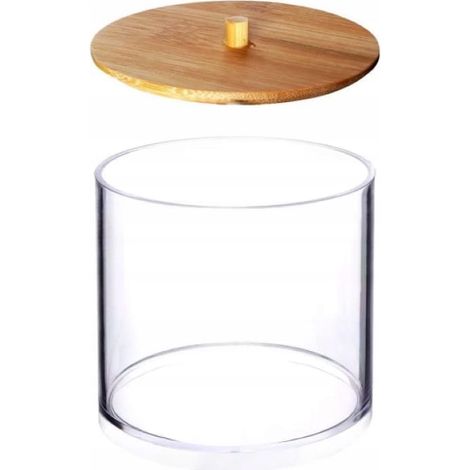 Recipiente transparente para cosméticos en el baño.