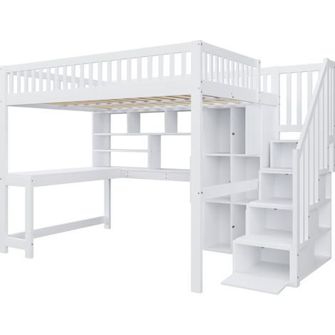Hochbett 140x200 cm mit LED, Stauraumtreppe, Regalen und Schreibtisch, Weiß (1/5)