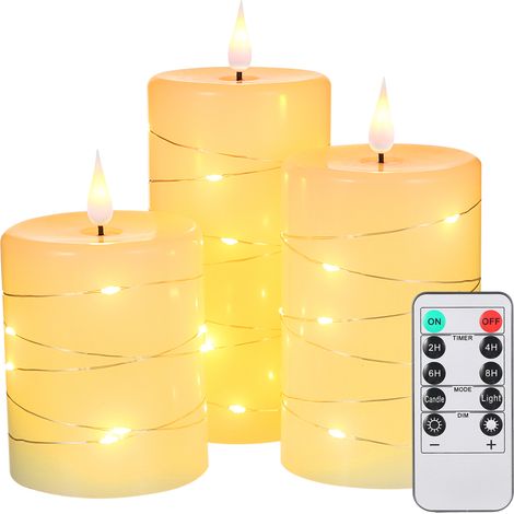 Set aus 3 flammenlosen Lichterketten mit Controller, realistischen LEDs, warmweißem Licht, dynamischem Funkeleffekt und Dauerlicht. (1/5)