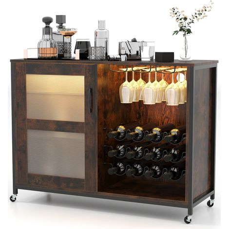 COSTWAY Wine Bar Cabinet Liquor Buffet Sideboard with Wheels-Brown