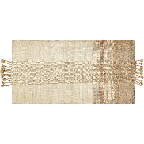 Alfombra de yute beige arena natural 80 x 150 cm a mano geométrico borlas Hamzalar (1/5)
