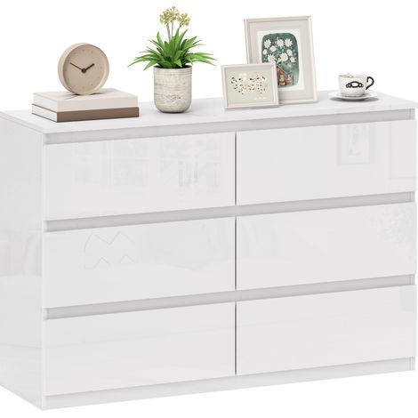 HOMCOM cómoda 6 cajones, cómoda dormitorio, cajonera para salón, oficina, estilo moderno, 112x34x75 cm, blanco brillo