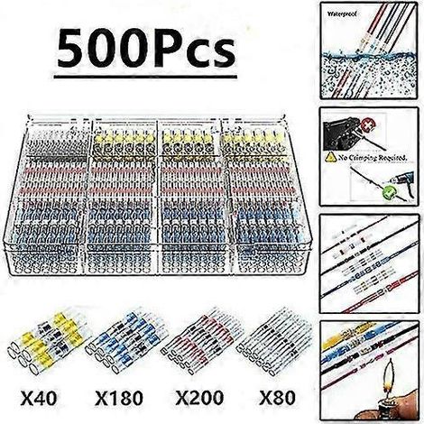 500 cosses électriques à souder avec gaine thermorétractable, connecteurs électriques étanches Maidodo en cuivre, à souder bout à bout, pour applications marines et automobiles. (1/5)