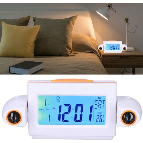 Réveil électronique lumineux à LED, réveil électronique projecteur, réveil à commande vocale, piles non incluses. (Blanc Orange) (1/5)
