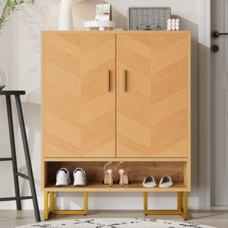 Meuble à chaussures 2 portes avec niche ouverte et piètement métal doré, 80 x 38 x 100 cm, MDF, bois naturel