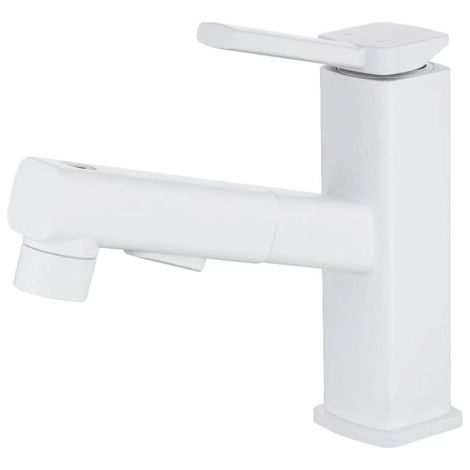 Ausziehbares Waschbecken, weiße Badarmatur, Warm- und Kaltwasserspender, Mundspülspender, spritzwassergeschützter Wassersprühhahn (1/5)