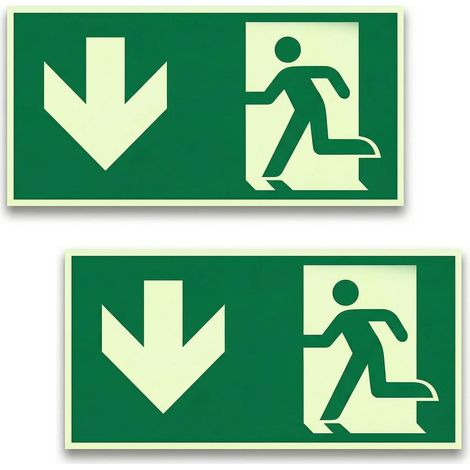 2 Pièces panneau sortie de secours rétroéclairant autocollant en PVC, 30x15cm, lumière, issue de secours pour maison et bureau, Flèche Bas (1/5)