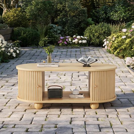 Table basse ovale en MDF avec rangement et portes coulissantes (1/5)